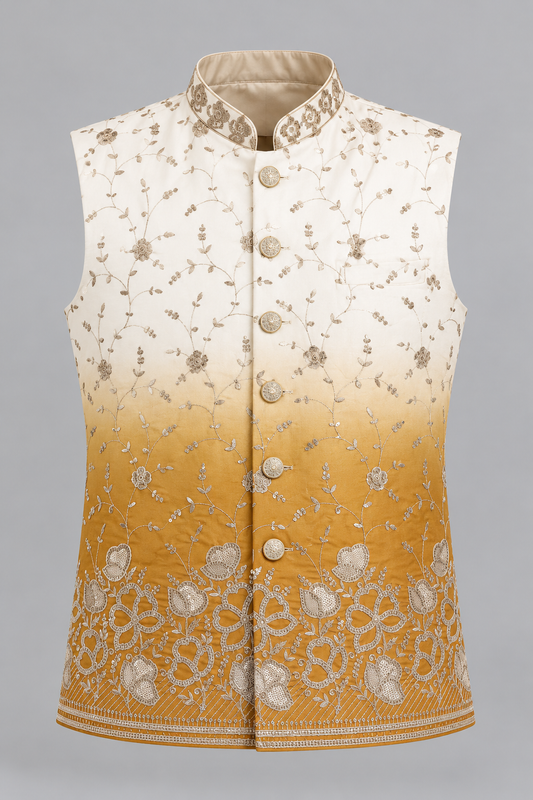 Premium Ivory & Mustard Gold Floral Embroidered Modi Jacket