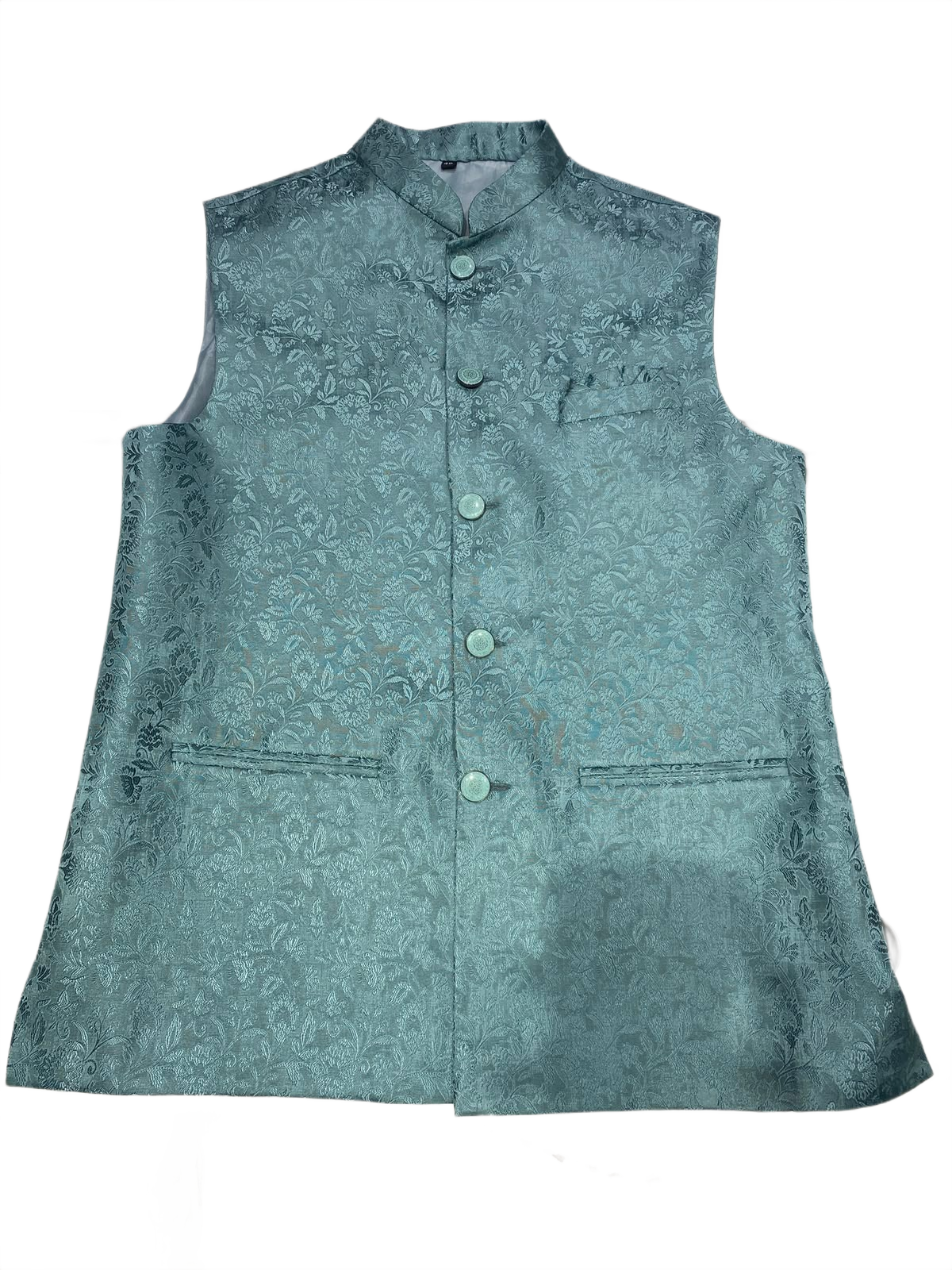 Men's Sea Green Jacquard Nehru Jacket | Premium Ethnic Waistcoat with Mandarin Collar