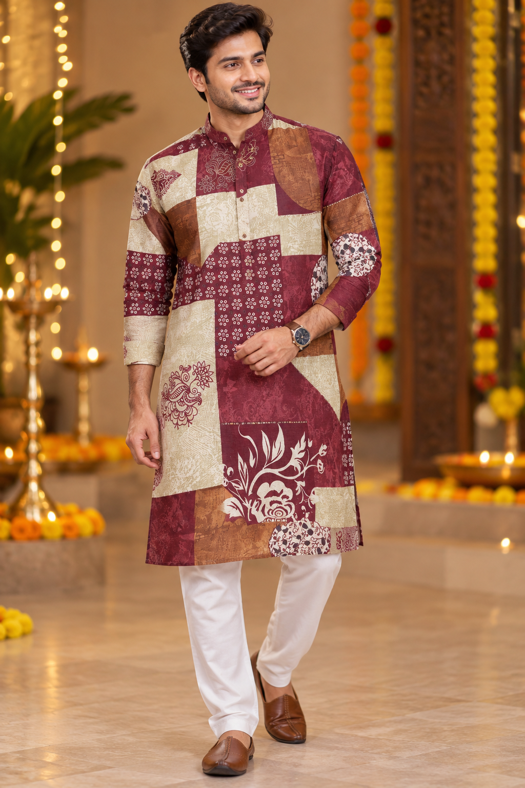 Maroon Beige Patchwork Print Festive Kurta