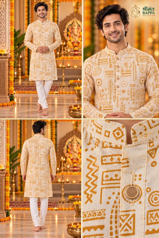 Men's Off-White and Golden Ethnic Print Long Sleeve Kurta