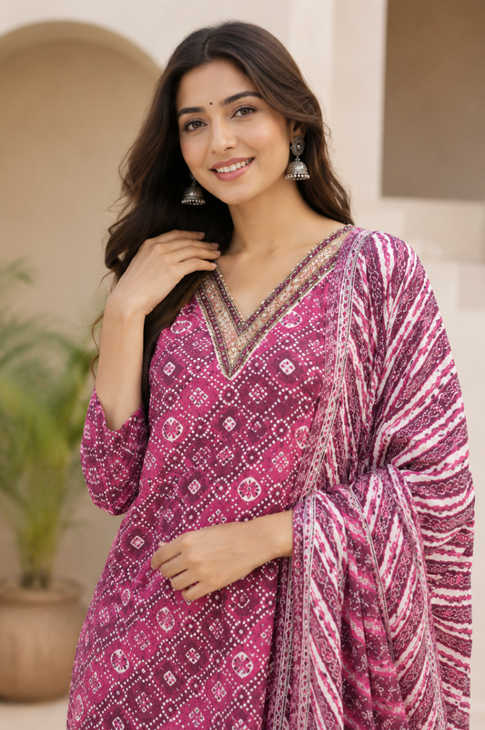 Women's Magenta Printed Kurta Pant Dupatta Set with Embroidered V-Neck