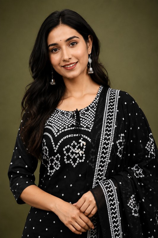Women’s Black & White Bandhani Print Kurti Pant Dupatta Set