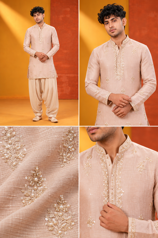 Elegant Blush Beige Embroidered Kurta Set