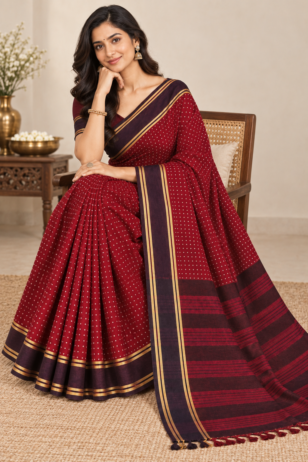 Maroon Dotted Handloom Saree with Contrast Border