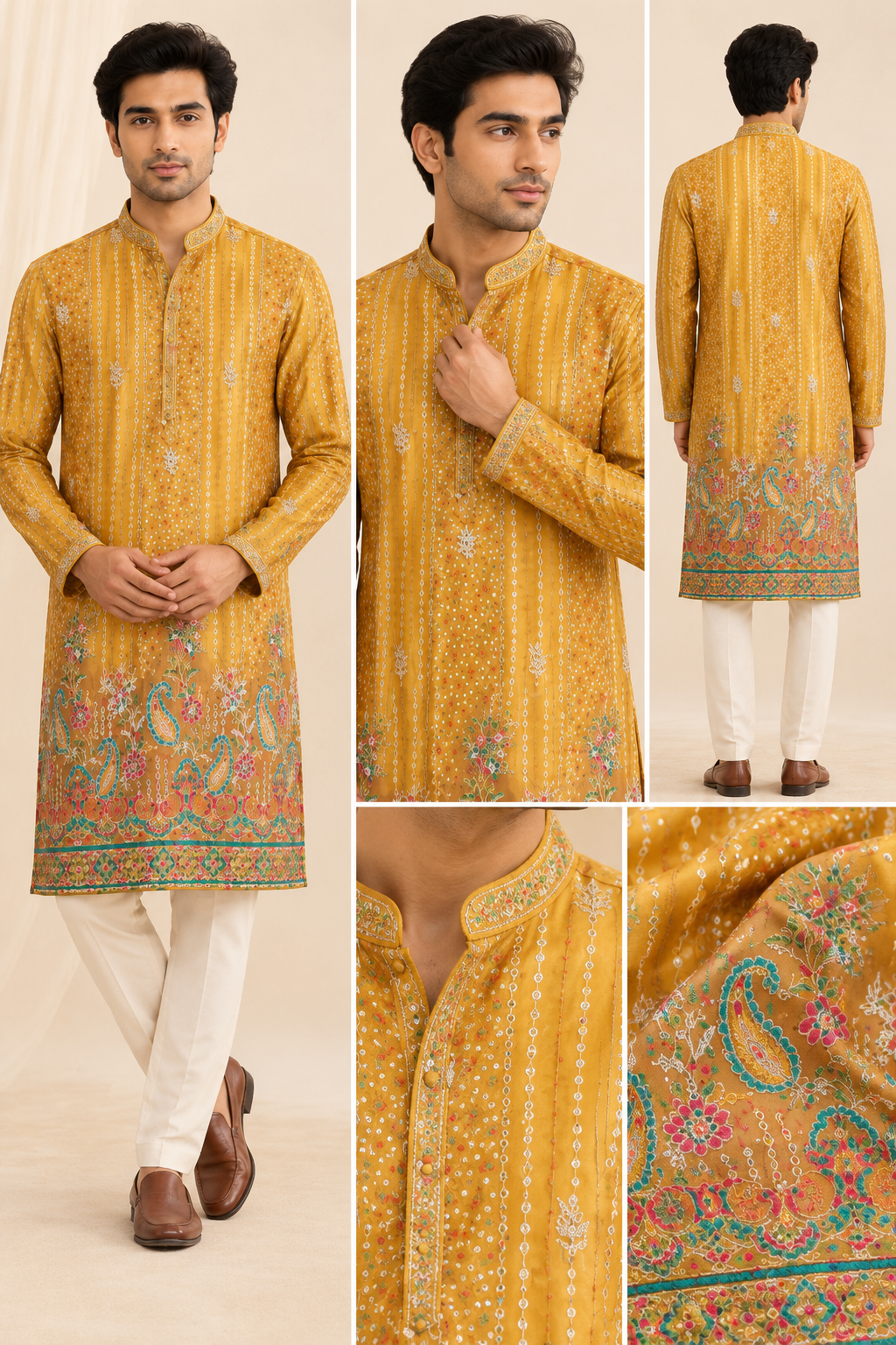 Men’s Mustard Yellow Printed & Embroidered Kurta Set