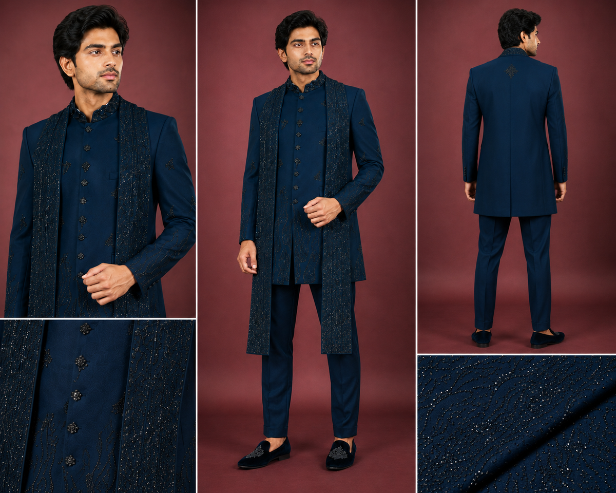 Navy Blue Embellished Indo-Western Sherwani Set for Men