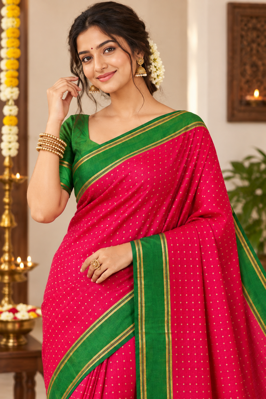 Rani Pink Saree with Green Border & Striped Pallu