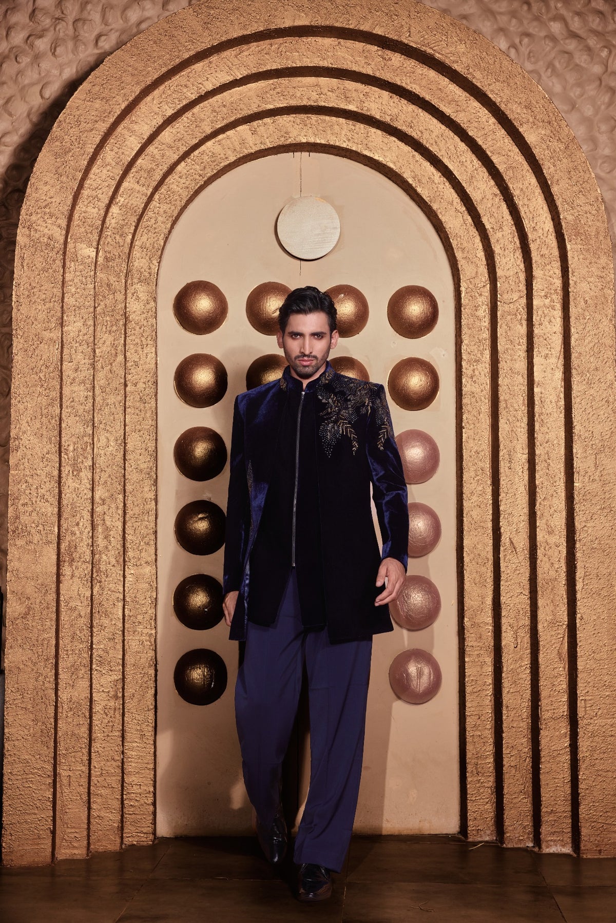Midnight Blue Velvet Embroidered Indo-Western Set