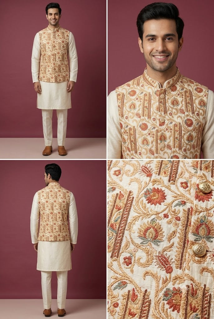 Beige Floral Brocade Nehru Jacket