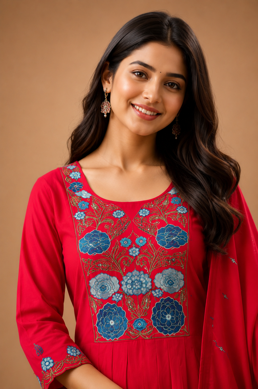 Floral Embroidered Kurti Pant & Dupatta Set
