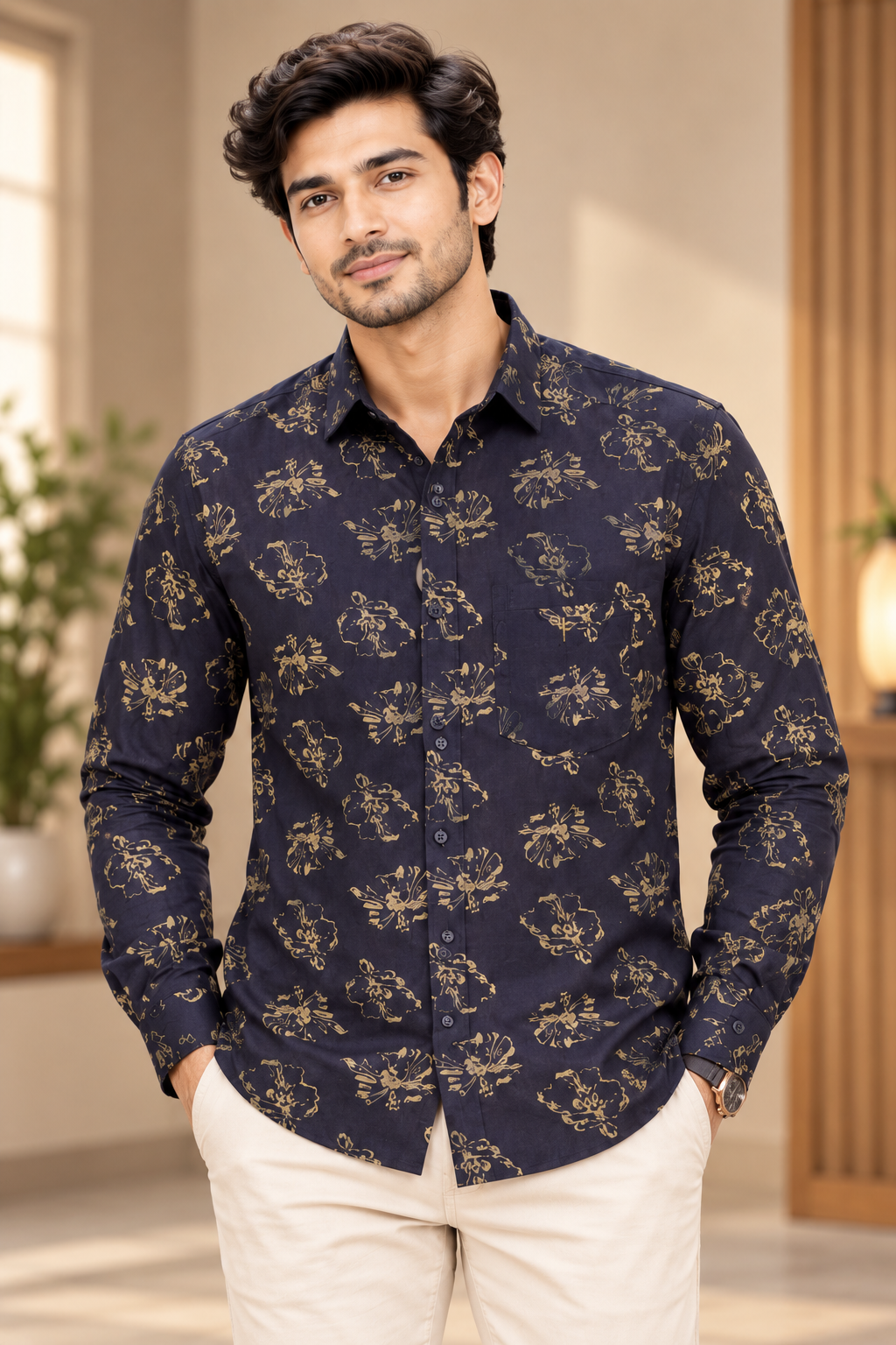 Navy Floral Print Casual Shirt