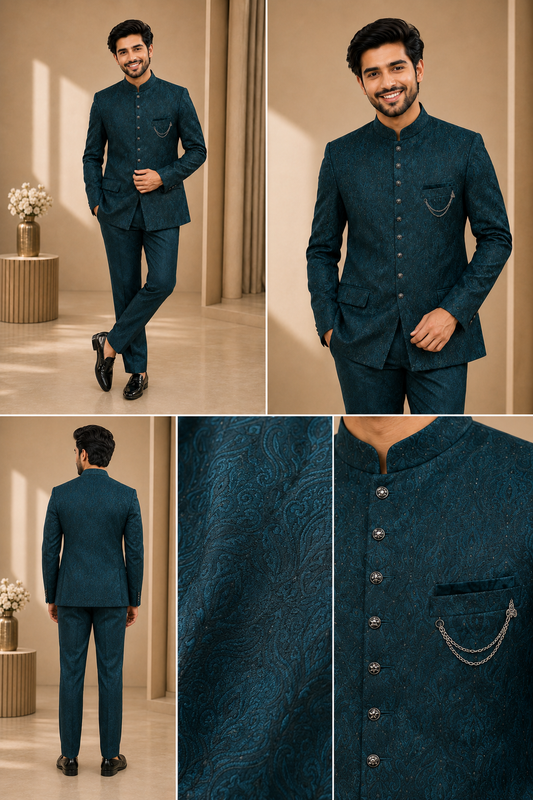 Men’s Teal Blue Jacquard Jodhpuri Suit