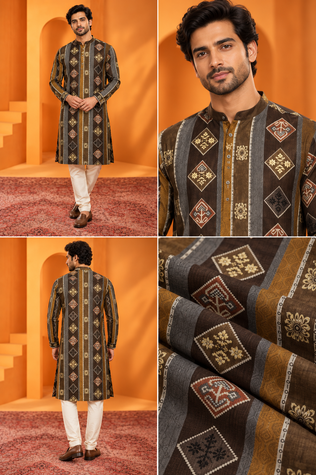 Men's Brown Geometric Printed Ethnic Kurta