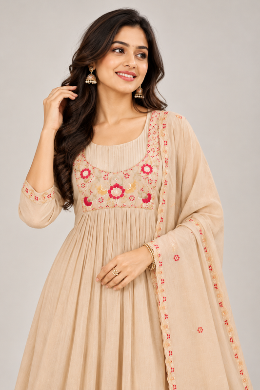 Elegant Beige Floral Embroidered Anarkali Kurti Pant Set with Dupatta