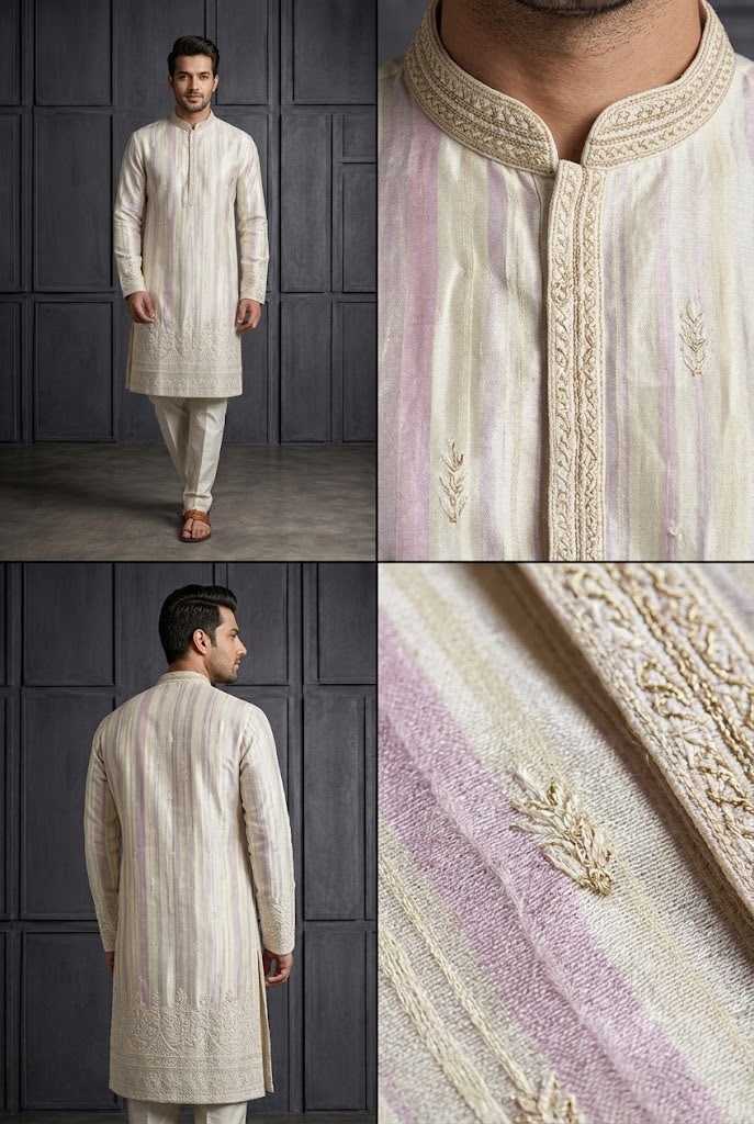Ivory Textured Embroidered Kurta Set