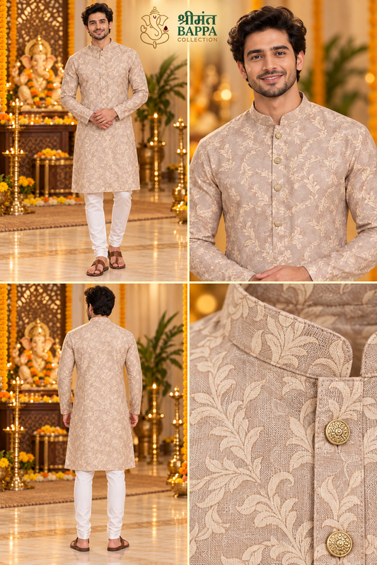 Men's Beige Leaf Printed Long Sleeve Kurta