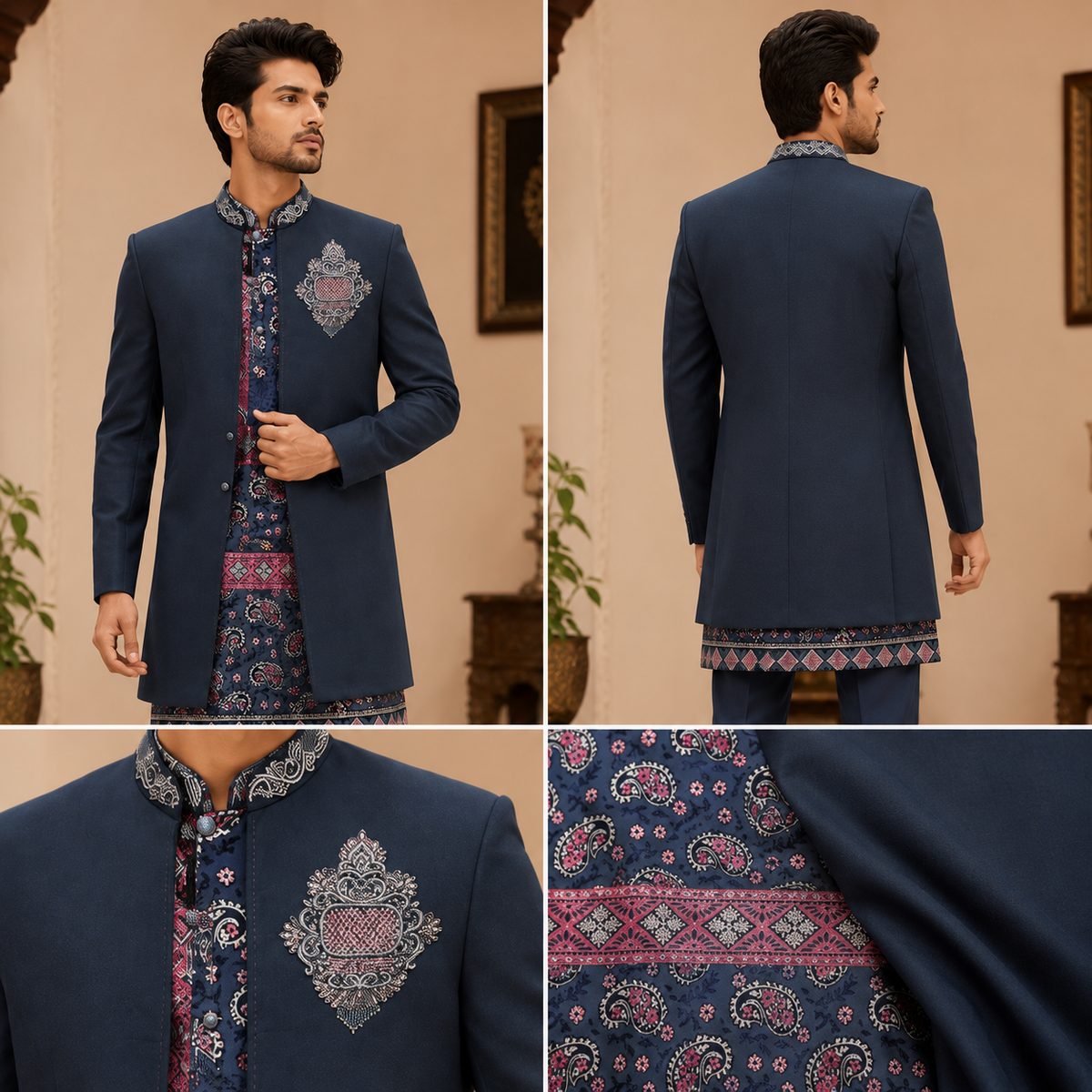 Navy Blue Embroidered Indo-Western Kurta Jacket Set