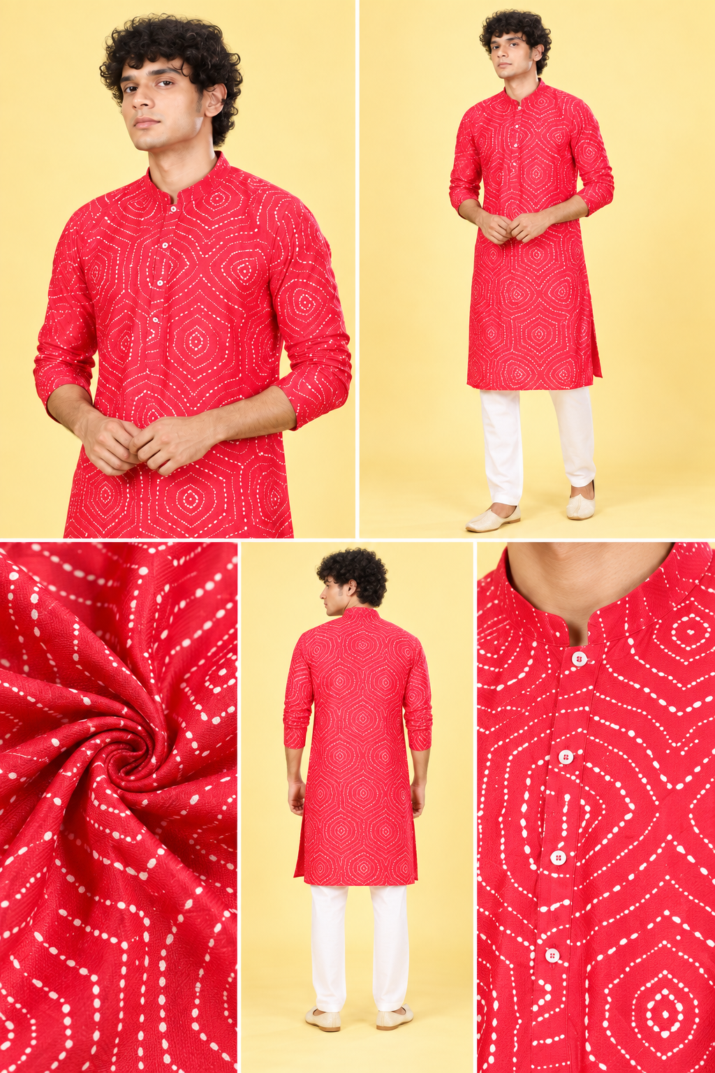 Red Bandhani Print Festive Kurta for Men