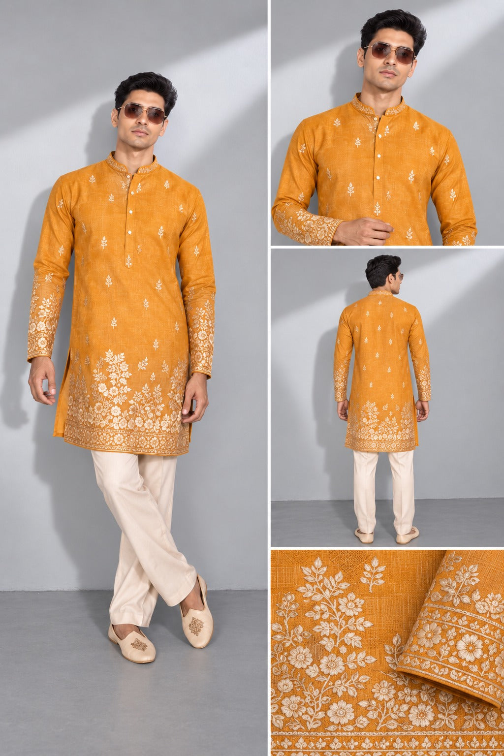 Mustard Yellow Floral Embroidered Kurta Set