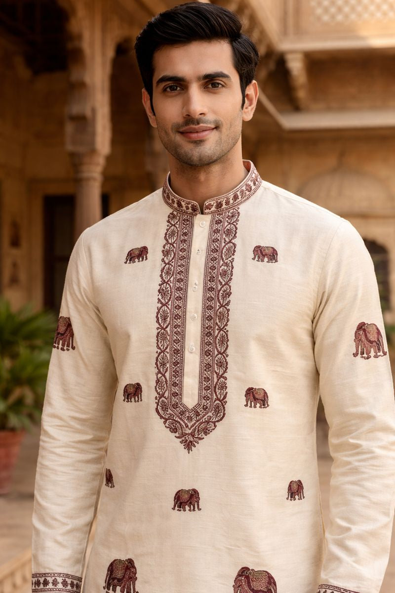 Royal Ivory Elephant Motif Kurta Set
