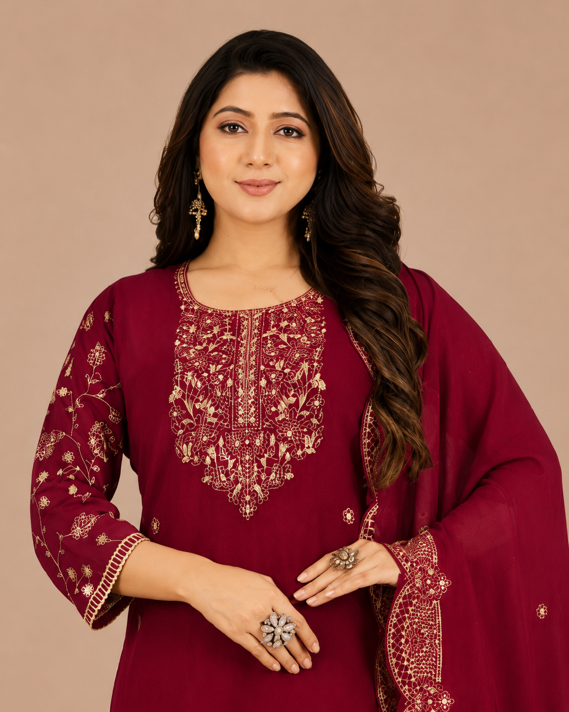 Maroon Embroidered Kurta Pant & Dupatta Set for Women