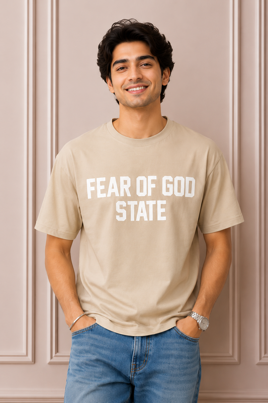 Fear of God State Oversized Printed T-Shirt | Beige Premium Cotton Casual Tee