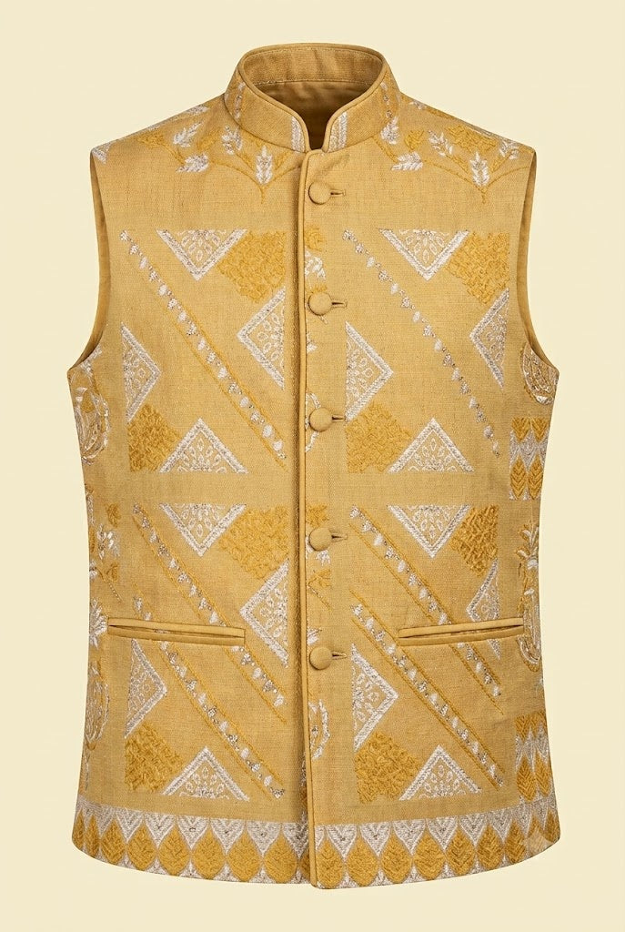 Mustard Gold Embroidered Nehru Jacket