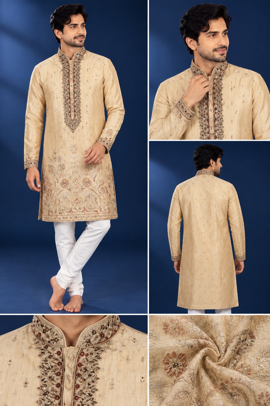 Men’s Beige Gold Embroidered Festive Kurta