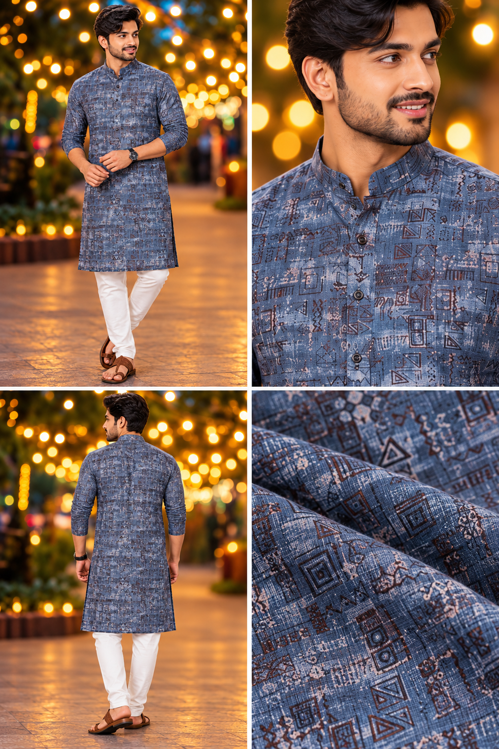 Men’s Steel Blue Abstract Print Only Kurta