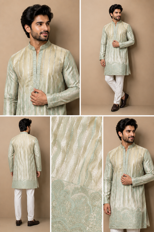 Mint Green Woven Jacquard Kurta Set