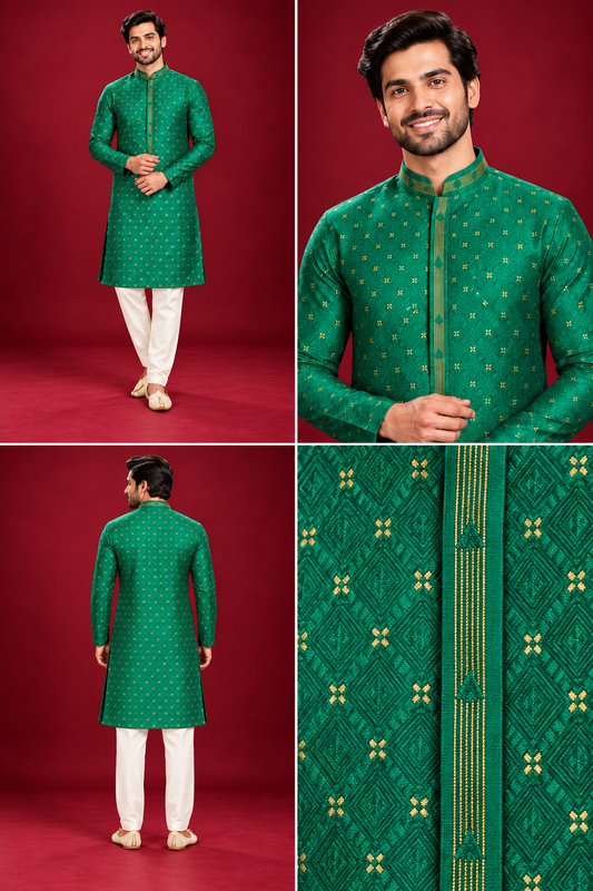 Men’s Emerald Green Jacquard Kurta Pajama Set