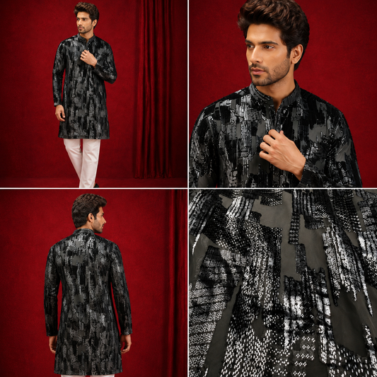 Black & Charcoal Sequin Embroidered Silk Kurta Set for Men