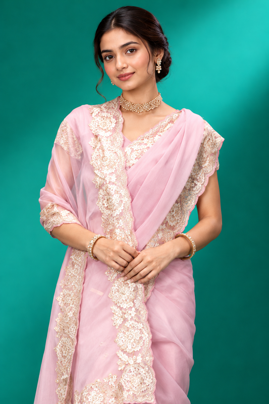 Blush Pink Embroidered Net Saree