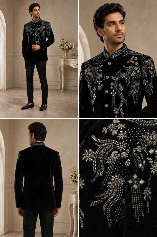 Black Velvet Embroidered Jodhpuri Suit