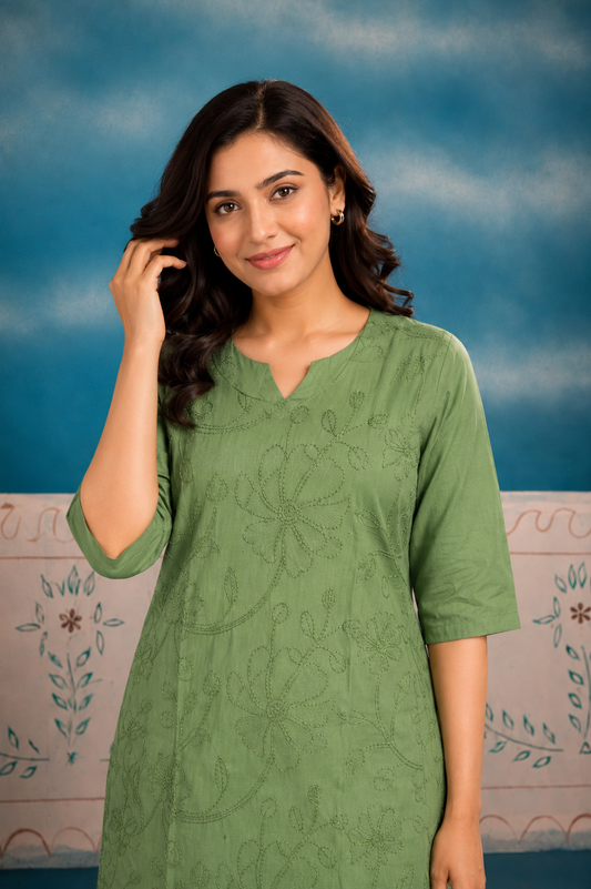 Women's Sage Green Floral Embroidered Straight Kurti Pant Set