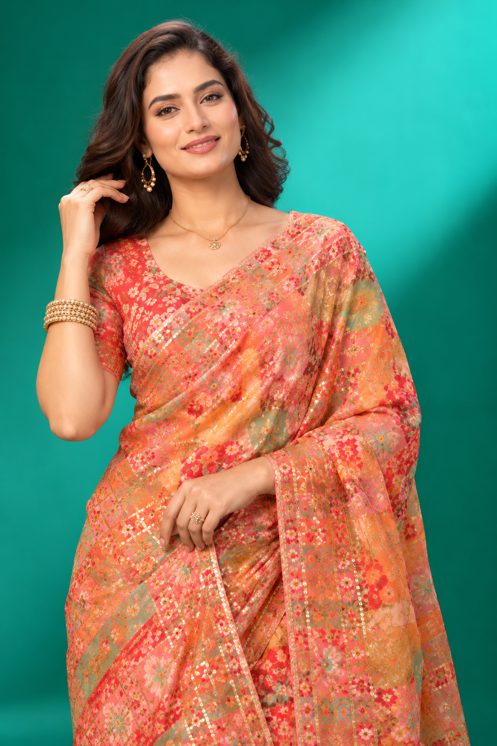 Coral Bloom Designer Saree