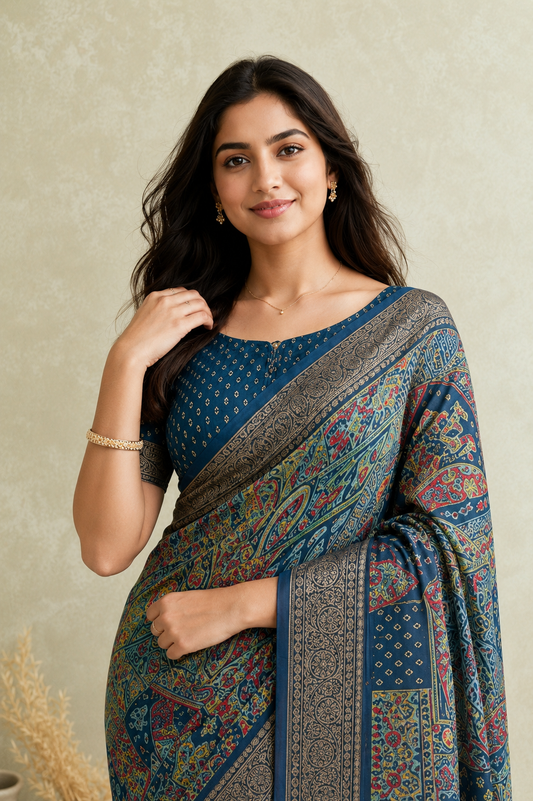 Elegant Blue Printed Saree with Intricate Paisley Design