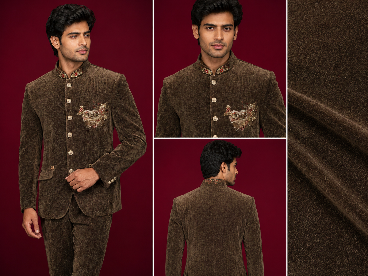 Coffee Brown Embroidered Jodhpuri Suit