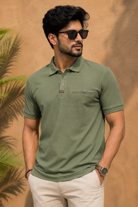 Olive Green Textured Polo T-Shirt for Men | Premiu Cotton Blend Polo