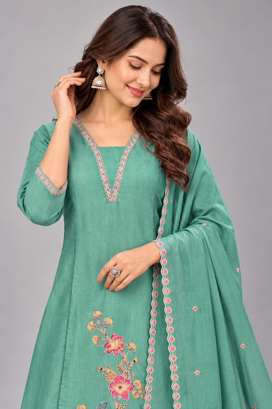 Elegant Sea Green Floral Embroidered Kurti Pant Set with Dupatta