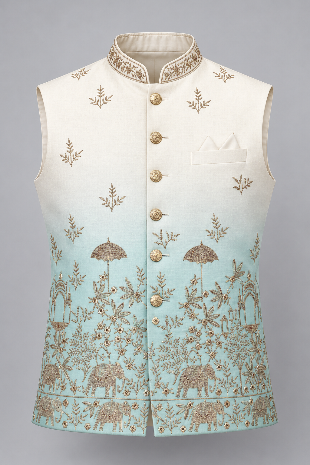 Premium Ivory & Aqua Blue Embroidered Modi Jacket