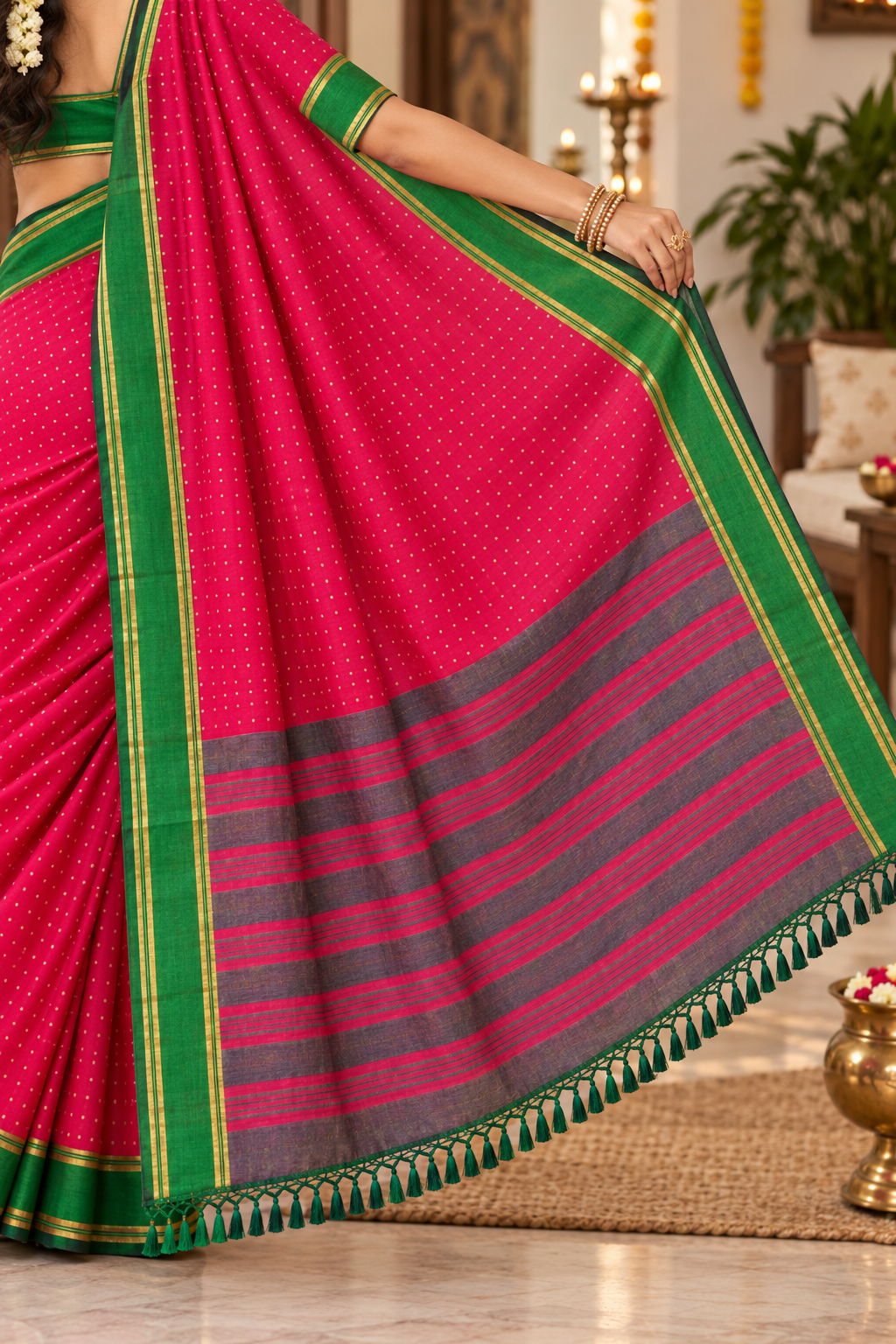 Rani Pink Saree with Green Border & Striped Pallu