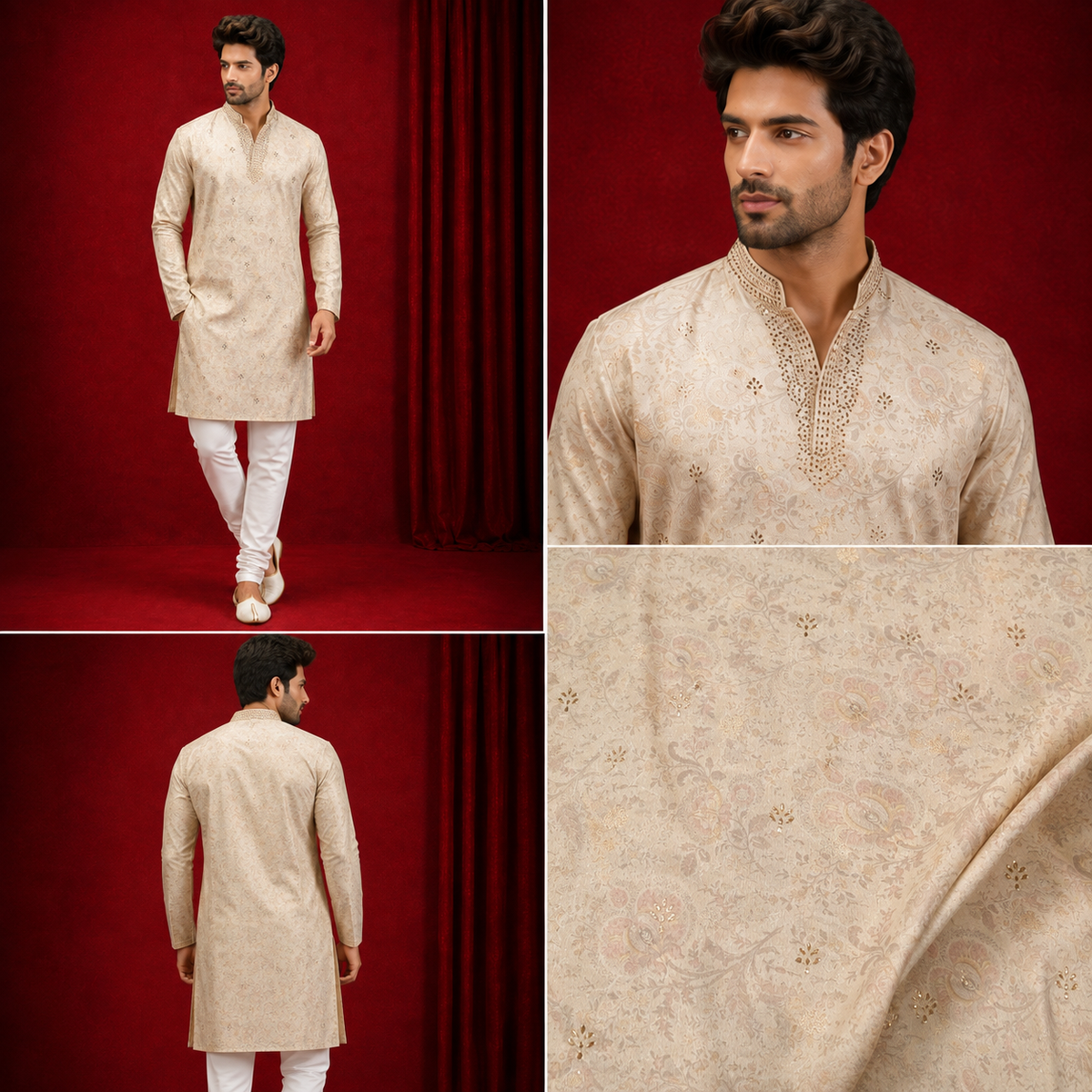 Beige Chanderi Silk Embroidered Kurta Set with Churidar for Men