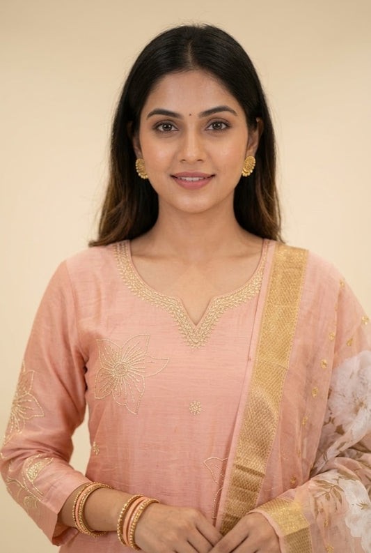 Peach Floral Embroidered Kurta Pant Dupatta Set