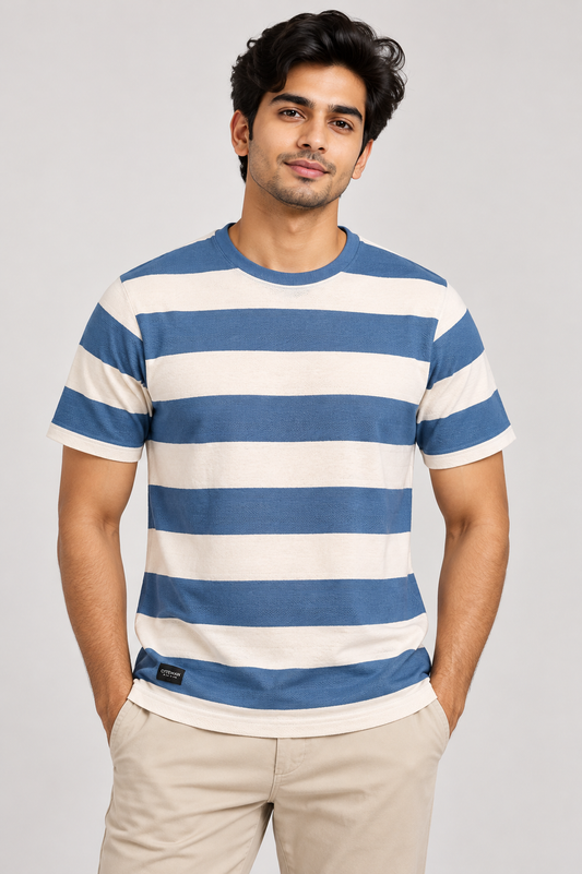 Men's Blue & Off-White Striped Round Neck T-Shirt