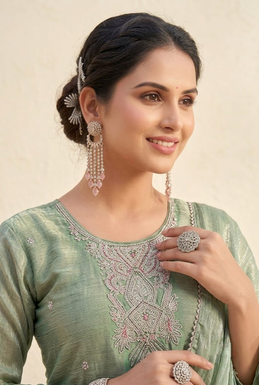 Sage Green Embroidered Kurta Pant Dupatta Set