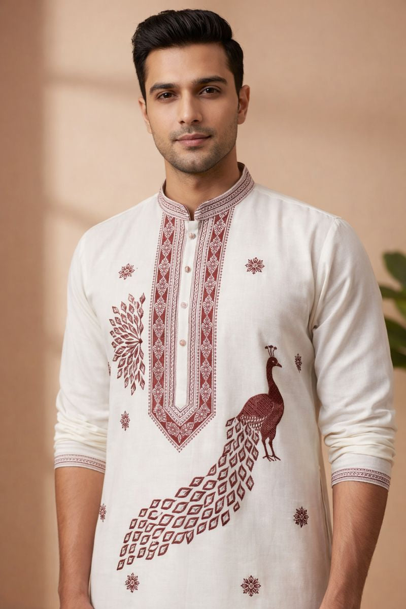 Ivory White Peacock Print Kurta Set with Ethnic Elegance