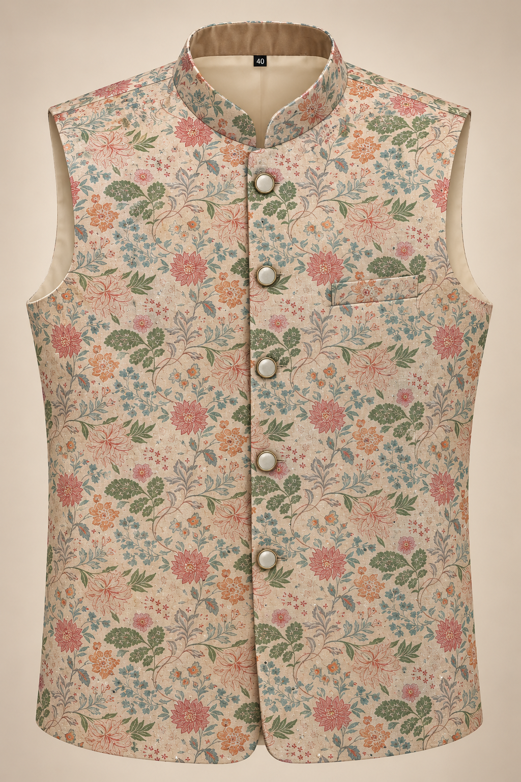 Beige Floral Printed Nehru Jacket for Men