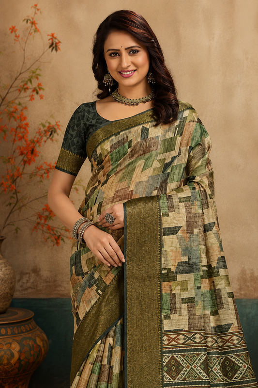 Elegant Olive Green & Beige Printed Blend Saree with Rich Golden Zari Borde