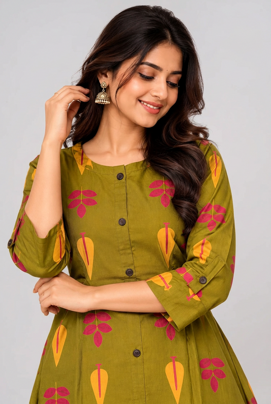 Olive Green Printed A-Line Kurta with Matching Palazzo Set